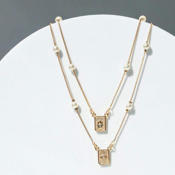 DOUBLE PEARL HAMSA NECKLACE