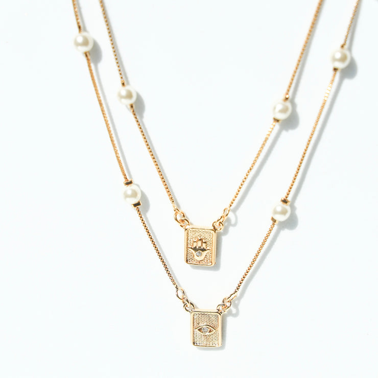 DOUBLE PEARL HAMSA NECKLACE