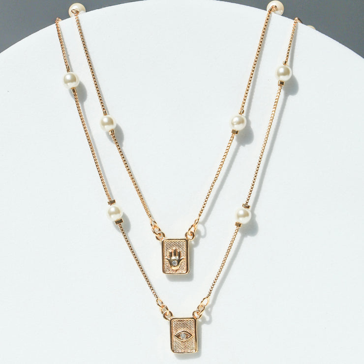 DOUBLE PEARL HAMSA NECKLACE